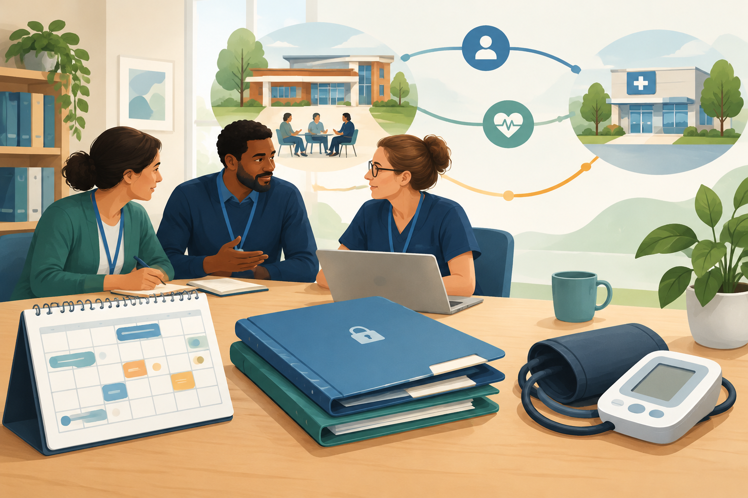Editorial illustration of a coordinated community mental-health physical-health monitoring workflow, with a calendar, health-check tools, records, and connected care pathways.